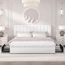 Platform Storage Bed White Metal Plus Wood Bed Frame King Platform Bed with Velvet Upholstered Headboard and 4-Drawers