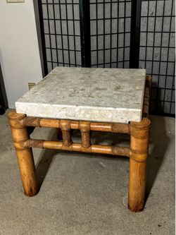 Fossilized stone and bamboo table