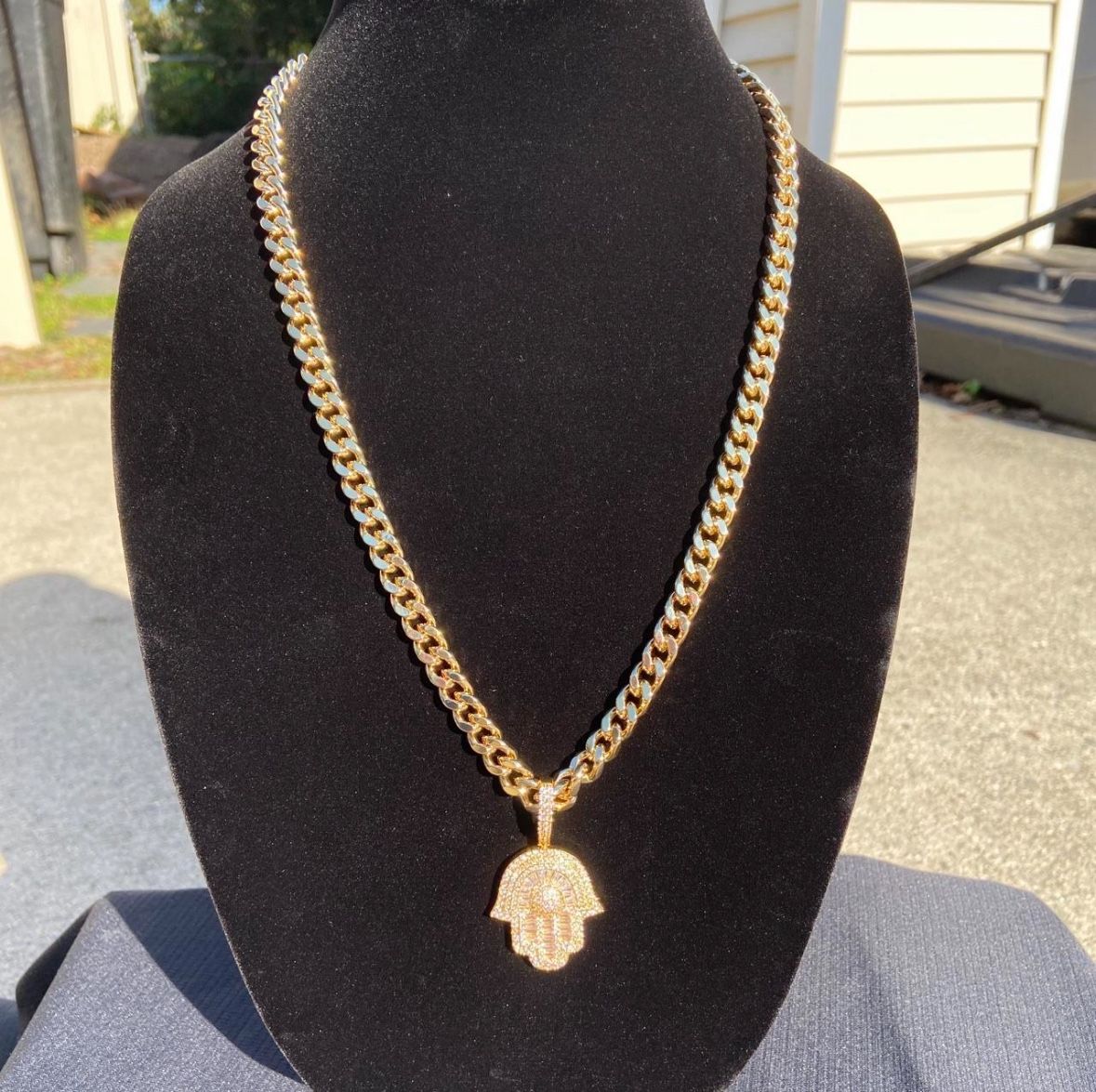 14k Gold Layered Cuban Chain And Prong Set Hamsa Pendant