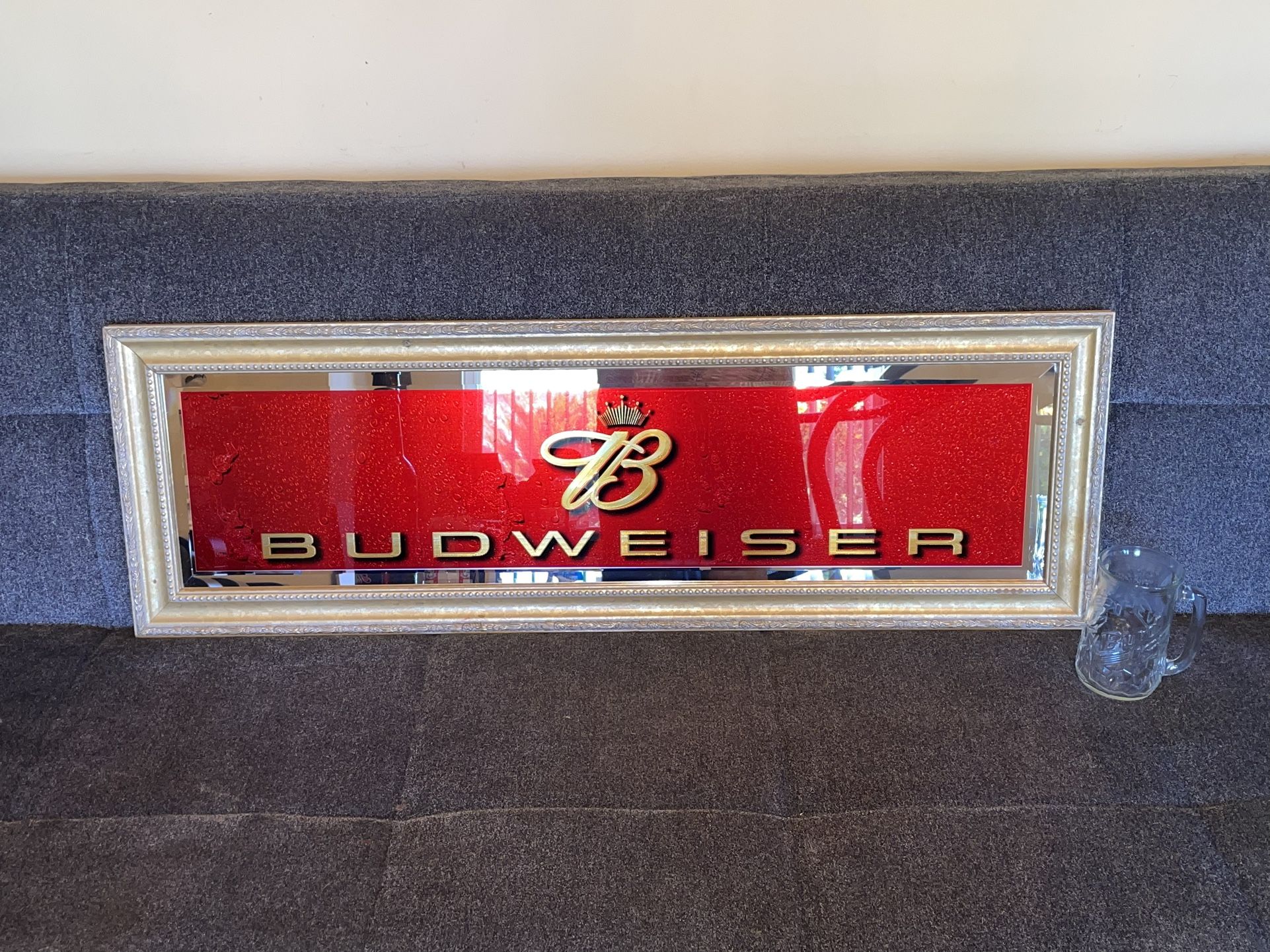 Vtg 2005 Budweiser Beer Bud Light Bar Pub Mirror Sign Gold Framed Slim Line Pool Hall 41 x 13 RARE & FREE Bud Ice Glass