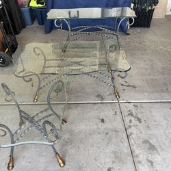3-Piece Glass Coffee Table Set – Wrought Iron Base