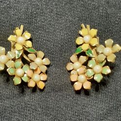 Vintage Colorful  flower Enamel Clip Earrings 