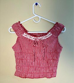Women’s Red Gingham Crop Top with Lace Trim - XXS