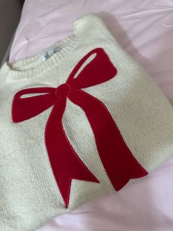 Beige Sweater w/ Red Bow