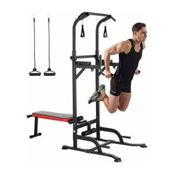 Adjustable Power Tower Pull Up Bar Dip Station with Bench, Multi-Function Home Gym Strength Training Fitness Equipment - 400 lbs