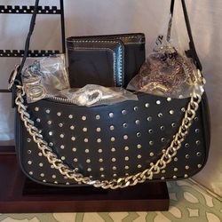 Black Studded Handbag With A Fashion Wallet And Jewelry 