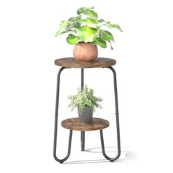 2 Tier Wood Plant Stand Indoor, Small Round Flower Pot Stand, 19.6" Tall Single Plant Holder for Living Room, Balcony, Rustic Brown End Side Table（Rus