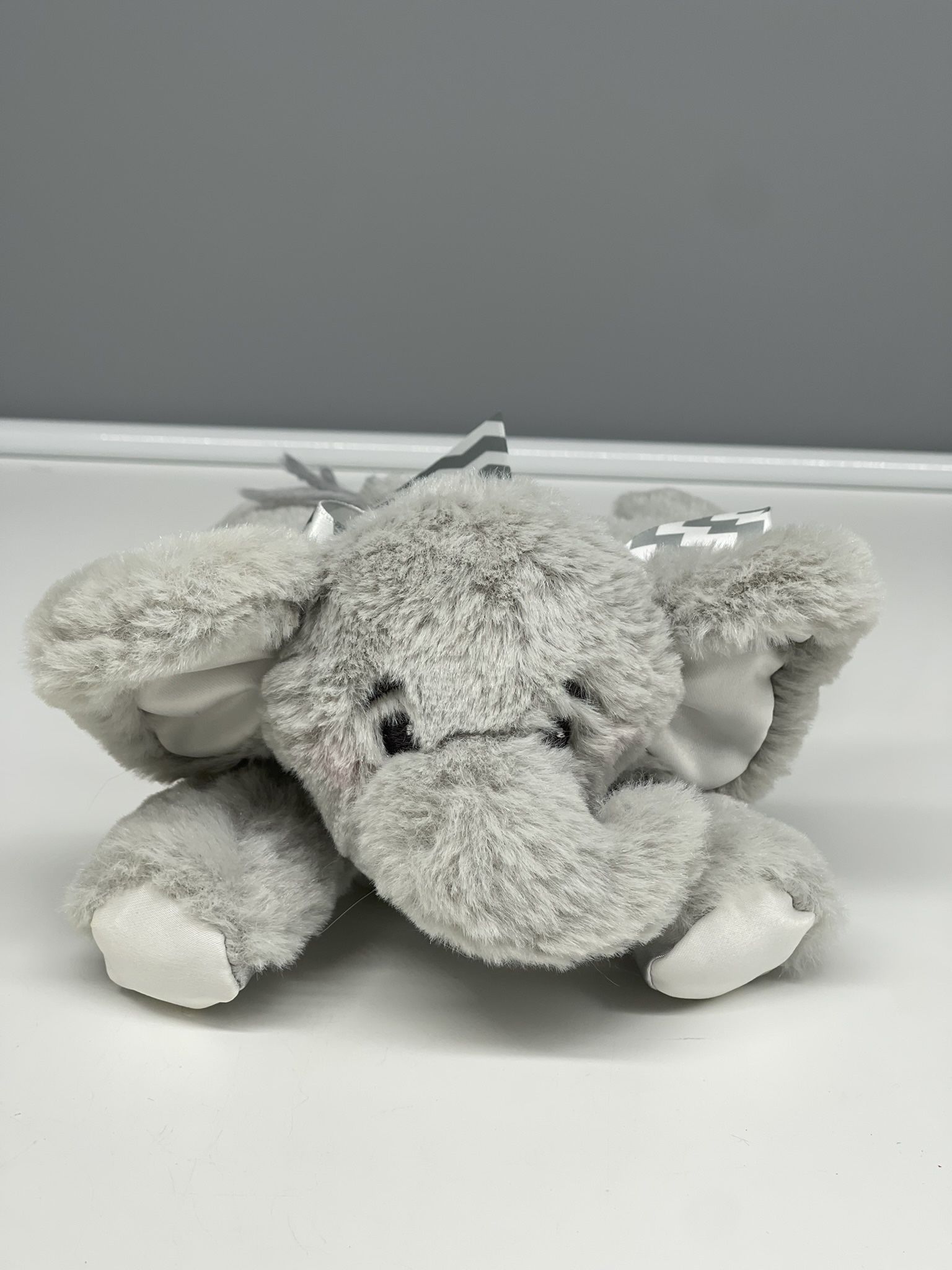Bearington Baby Rattle Lovey Security Plush Elephant Gray Satin Bow Chevron Black