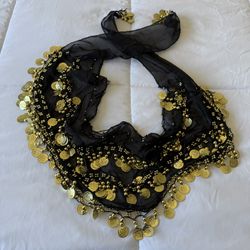 Black Chiffon Belly Dance Hip Scarf with Gold Coin Trim – Tribal Fusion Festival Costume Belt - Brand New 