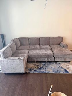 🔥 Brand new super comfy grey/beige modern oversized Pull-out sectional sofa/COUCH • Pay After Delivery 🚚