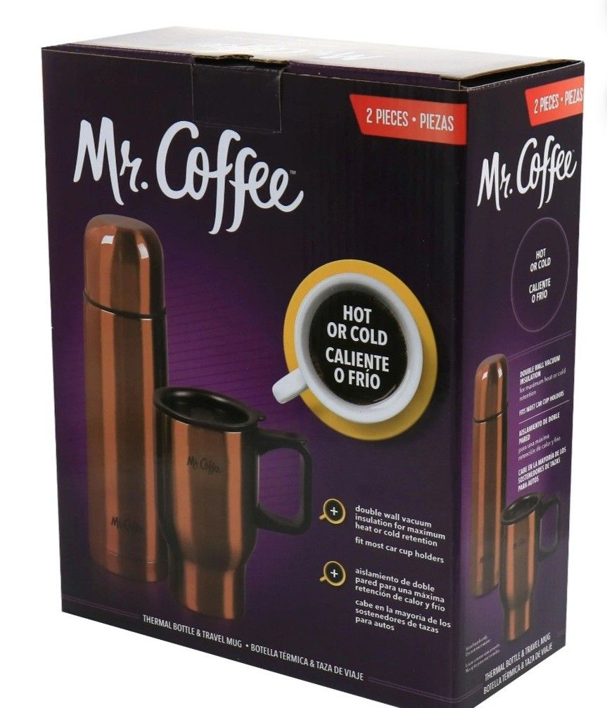 Mr. Coffee Thermal Bottle Travel Bottle Mug Insulated Hot 2 Pack 15.5/13.5 oz.