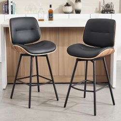Mid Century Modern Counter Stools Set of 2, 27" Swivel Bar Stools with Metal Legs, Faux Leather Upholstered Bar Chairs with Footrest for Kitchen Islan