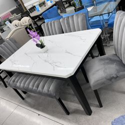 6pc Dining Set 🩶 Grey Velvet Chairs 🖤 Black Finish 