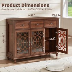 Farmhouse Sideboard Buffet Cabinet with Storage,48" Large Credenza with 3 Glass Doors & 3 Drawers,