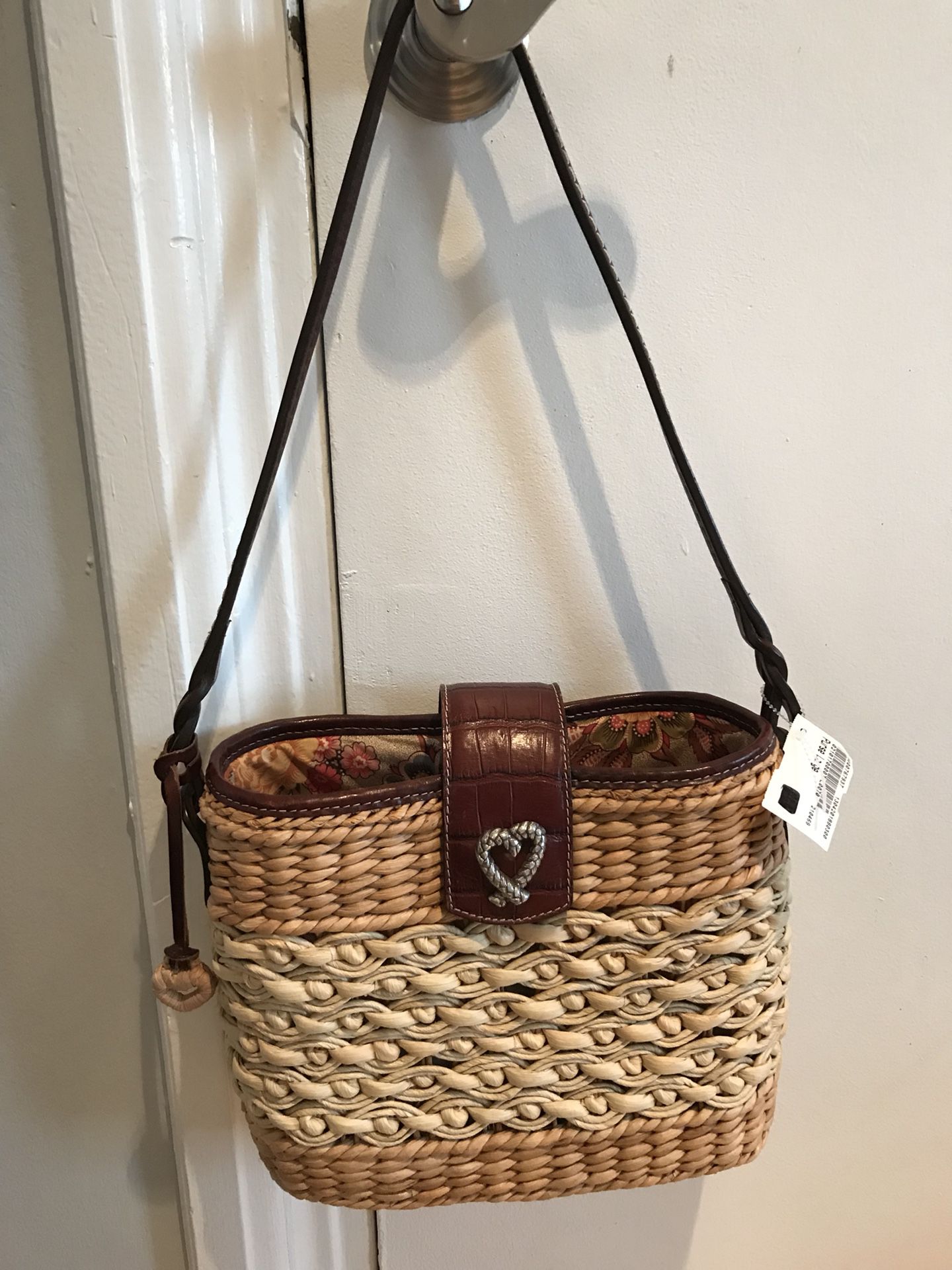 Authentic Brighton Braided Woven Natural Straw & Brown Leather Tote Shoulder Handbag