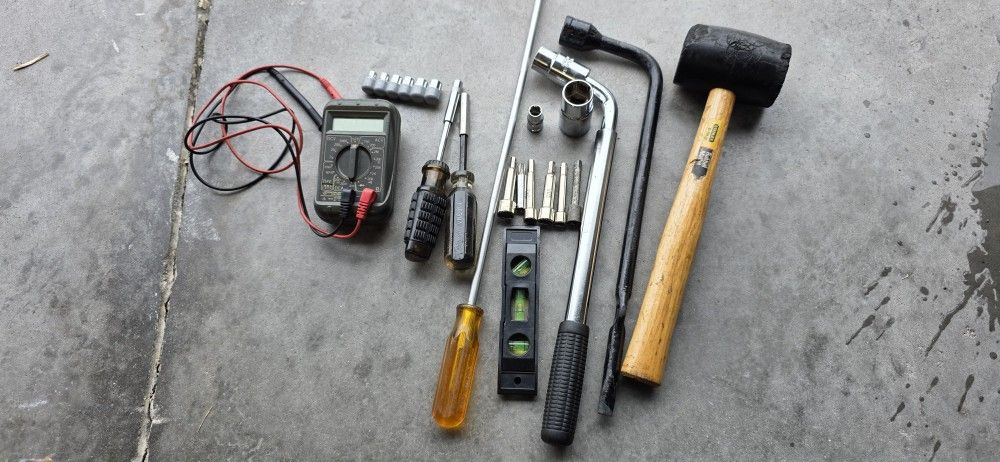Random tools Wrenches sockets level multimeter hex bit screwdriver