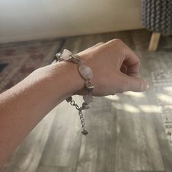 Rose Quartz and Sterling Silver Heart Charm Bracelet