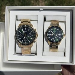 His and Hers Fossil Watch Multifunction Gold-Tone Stainless Steel Set