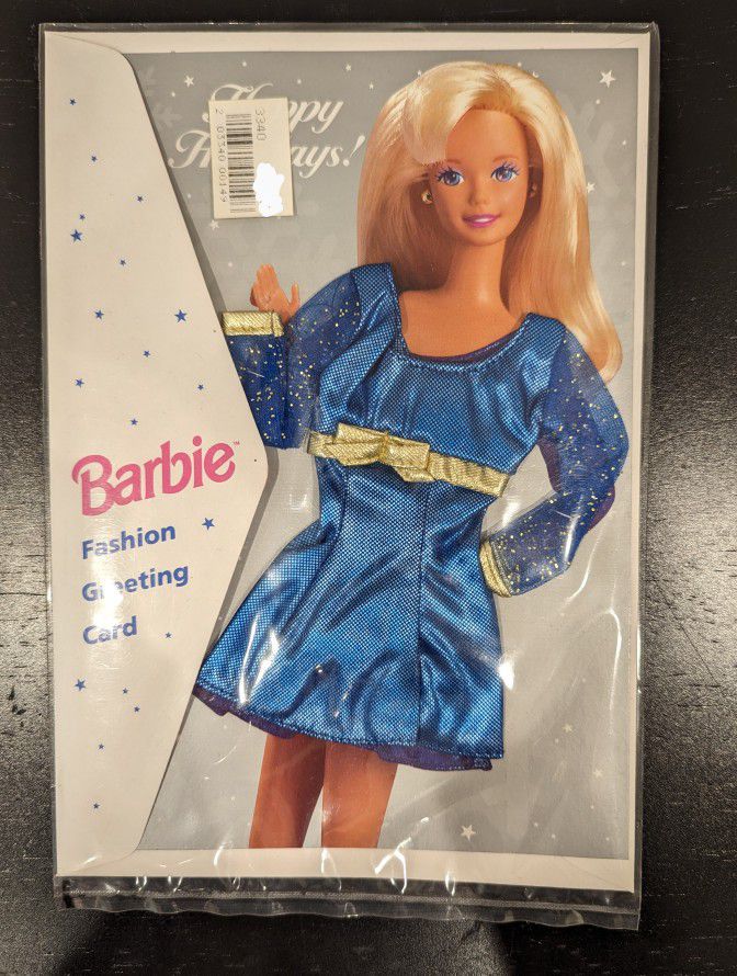 Barbie Fashion Greeting Card - Happy Holidays! Blue Metallic Dress 1995 New Vintage