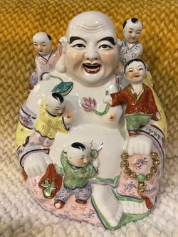Get Some Good Luck!  Vintage Porcelain Laughing Buddha Statue with 5 Children Fertility Statue 