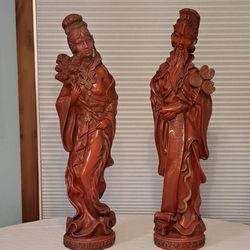 Chinese Faux Cinnabar Large 29" Red Statues, Male and Female, Vintage Asian Art