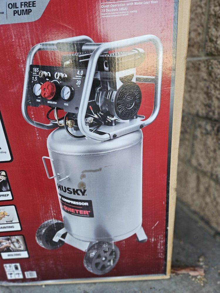 Husky
20 Gal.165 PSI Vertical
Electric Oil-Free Quiet
Auto/Workshop Air
Compressor with Dual
Gauges and 2-Quick
Couplers