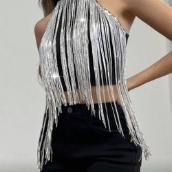 Silver Tassel Sequin Top