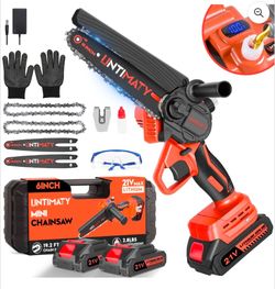 UNTIMATY 6" Mini Chainsaw with 2 Batteries 2 Chains, 6-Inch Cordless Handheld Chain Saw for Wood Cutting Tree Trimming