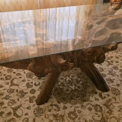 Stunning Teak Root Base Dining Table with Modern Tempered Glass Top