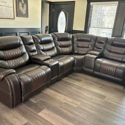 😍 Brand New Brown Two Tone Premium Leather Recliner Sectional Sofa W/ Cup Holders | Pay After Delivery 