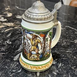 Vintage BMF milk glass German beer stein Bierkrug zinc lid 8.5 inches