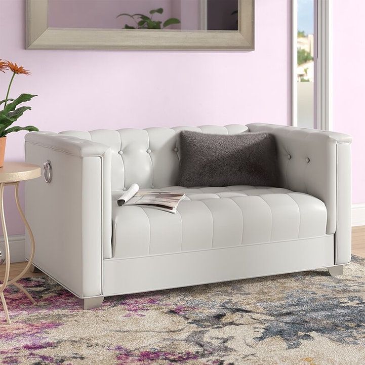 Pearl White Leatherette Loveseat with Chrome Legs