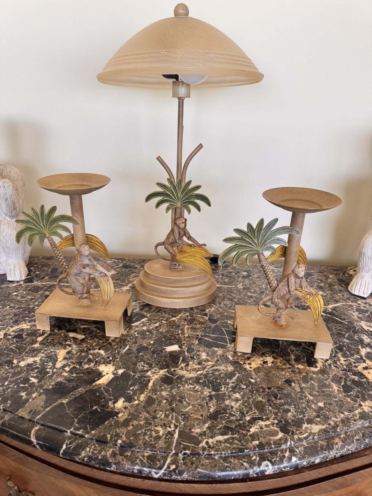 Vintage Palm Tree With Monkey And Banana Lamp With Matching Candle Holders