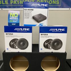 New (2) 10” inch Alpine Bass Series Subwoofers + Alpine Monoblock Car Audio Bass Amplifier + Speaker Box 🔊✅