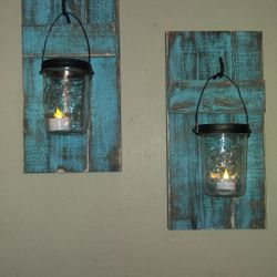 Turquoise distressed wall hanging candle holders