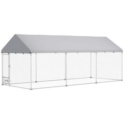 PawHut Dog Kennel w/Adjustable & Rotatable Bowl Rack, Waterproof UV-Resistant Cover 19.7'x7.5'x7.5'