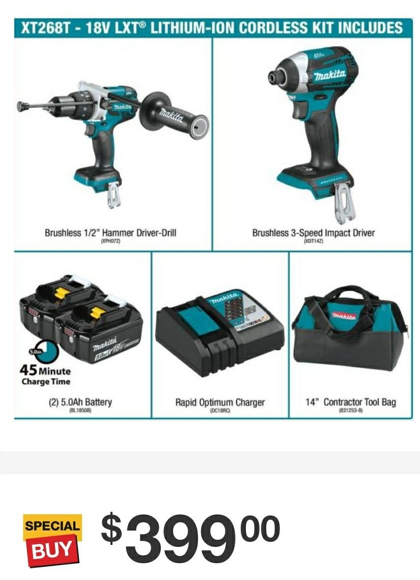 🆕️MAKITA 18-Volt LXT Lithium-ion Brushless Cordless 2-piece Combo Kit (Hammer Drill/ Impact Driver) 5.0Ah