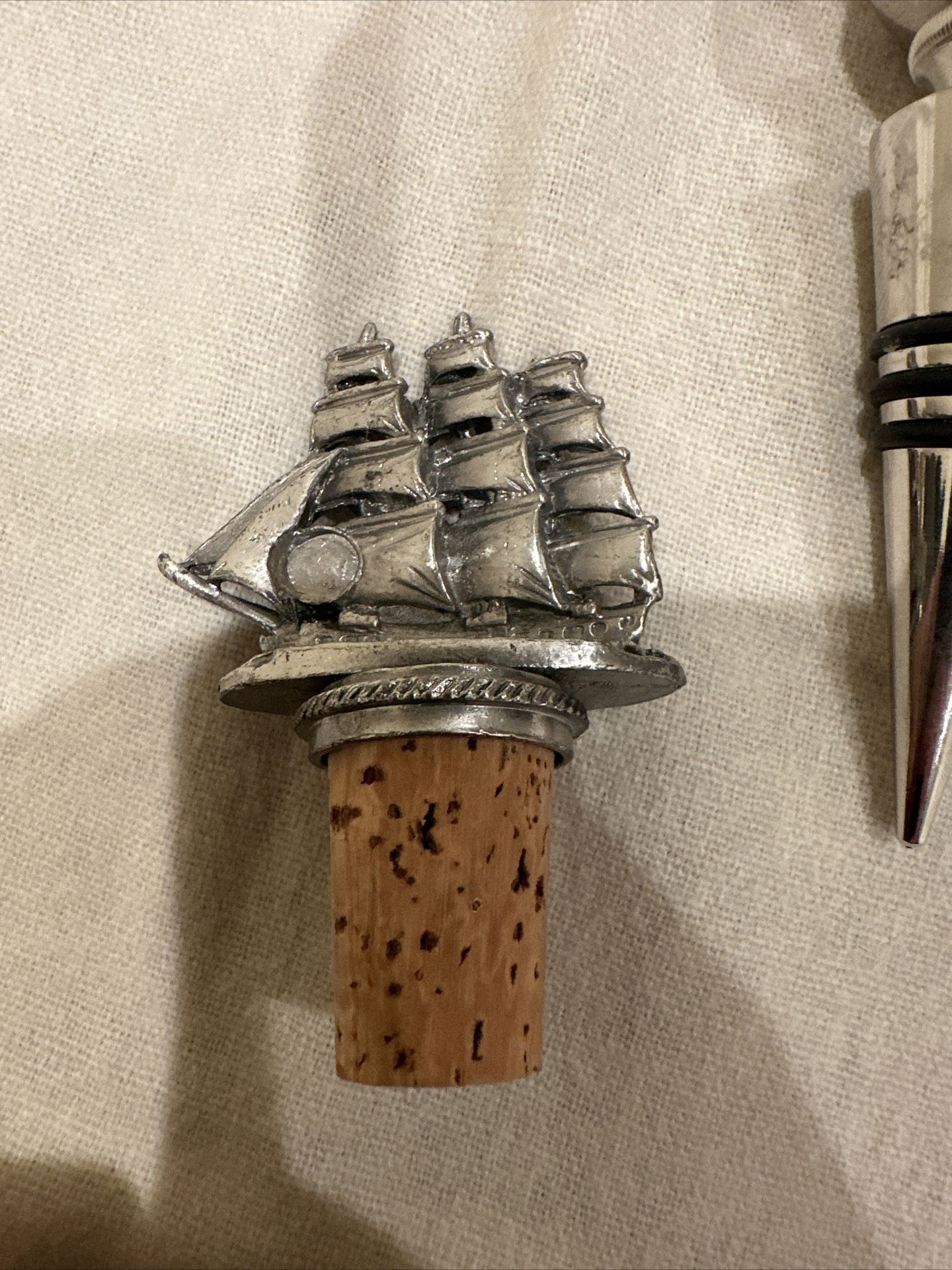 Pewter Cork Bottle Stopper W/ Chain Sailing Ship Nautical Ocean Boat 2”