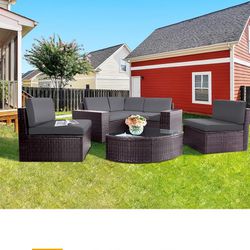 Outdoor Patio Furniture Set 6-Piece Brown Wicker Conversation Sets Modular Sectional Sofa Set with Glass Coffee Table
