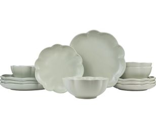 Brand New In The Box- Sango 12 Pieces Scalloped Dinnerware Set, Sage Green Dishes for 4, Premium Serving Plates & Bowls Sets, Chip Resistant, Ceramic 