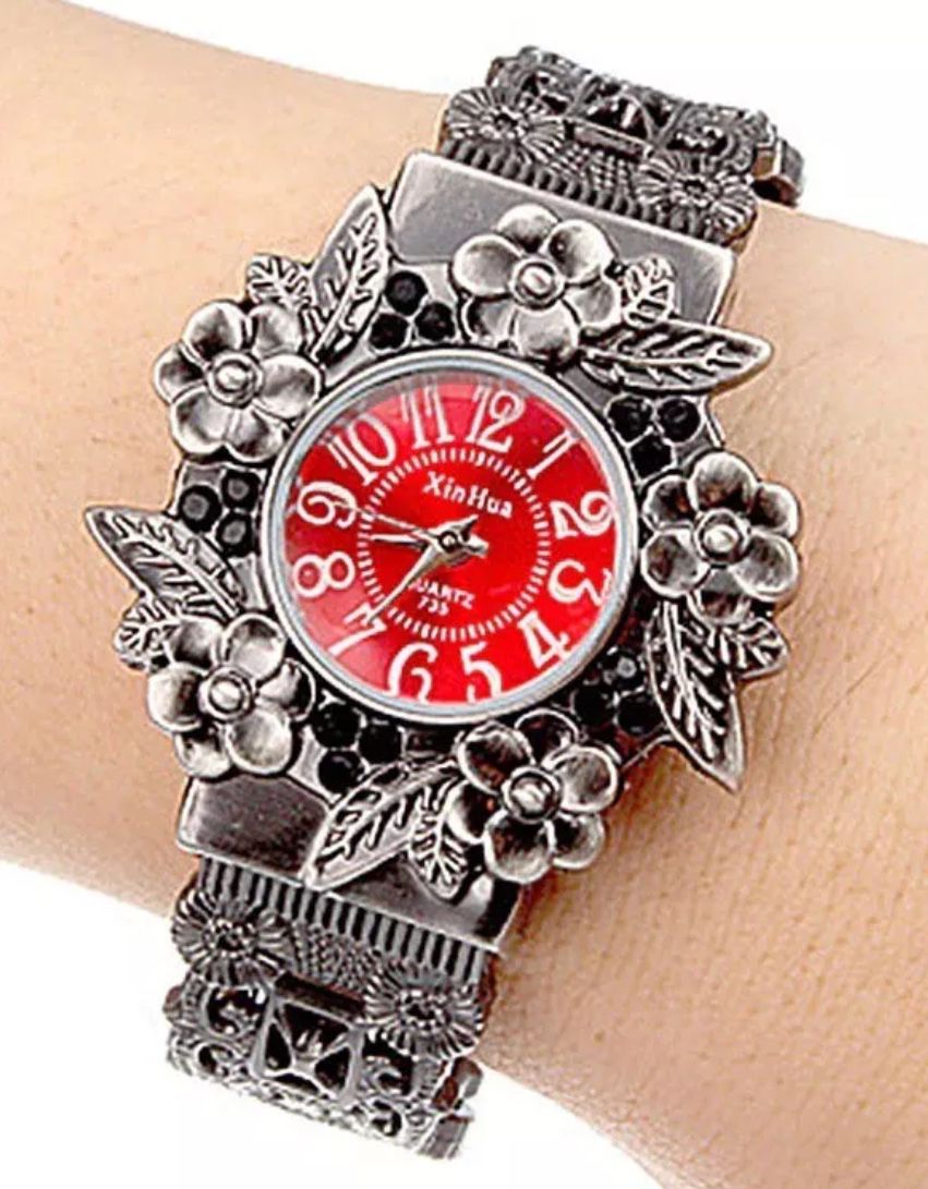 Antique Retro Embossed Flower Bracelet Quartz Watch RED/BLACK