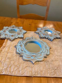 Powder blue & gold 9.5 inch plastic mirrors with hooks on back. Set of 3. Cottage / country/ bo Ho.