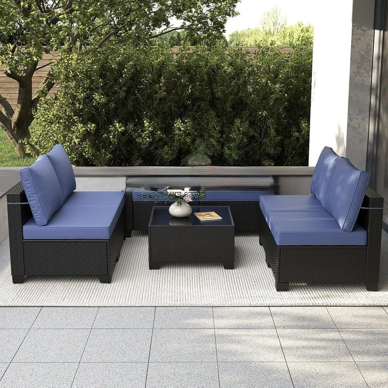 5 Pcs Outdoor Patio Furniture Sofa Set Coffee Rattan Dark Blue Cushions