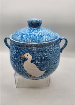 Vintage Blue Spongeware Canister with Duck Double Handle Ceramic Jar Farmhouse.