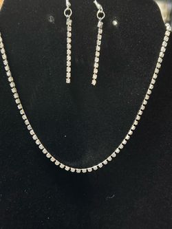 Silver Rhinestone Tennis Necklace and Earring Set
