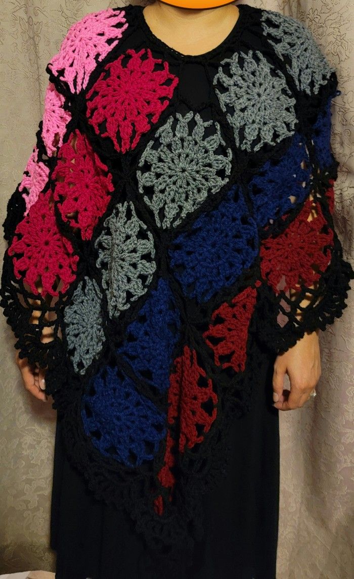 Multicolored Poncho With Black Trim
