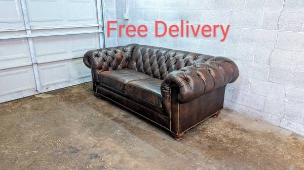 Vintage Rare Ethan Allen Chesterfield Tufted Leather Sofa Couch
