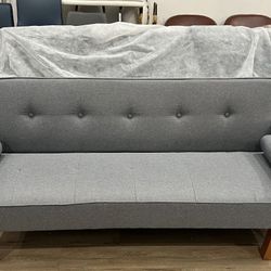 70”Linen Square Arm Futon Convertible Sleeper Sofa, Button Tufted, 2 Pillows, Dark Gray