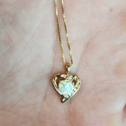 14k 0.75mm Box Chain 17.5inch And 10k Opal Heart Shaped Pendant 