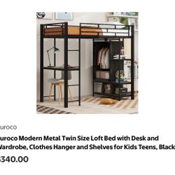 Twin Metal Loft Bed With Desk Under And Shelves+ Closet Area